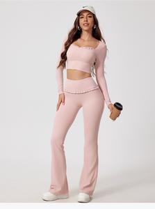 Hochtaillierte Hüftanhebende Yoga-Hose mit Spitze, Enges Langarm-Yoga-Outfit mit Quadrathals und Brustpolstern – Fitness-Sport-Set für Damen - Product Image 4