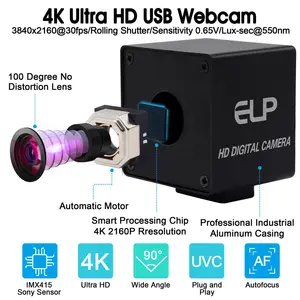 ELP 4K Webcam otomatik odaklama USB2.0 sürücüsüz kutusu kamera 4K 30fps CMOS IMX415 CCTV güvenlik Mini kamera ile distorsiyon Lens