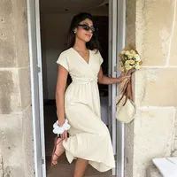 Robe longue unie à col en V avec manches à volants couleur abricot pour soirée, disponible en plusieurs tailles (ODM)