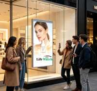 Écran LCD de signalisation numérique publicitaire suspendu de 75 pouces, haute luminosité 3000 Nits, orienté vers la vitrine, pour parfumerie