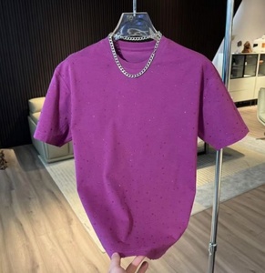 T-shirt en coton pour homme personnalisable, couleur unie, style décontracté ample, imprimé avec strass, coupe épaules tombantes - Product Image 5