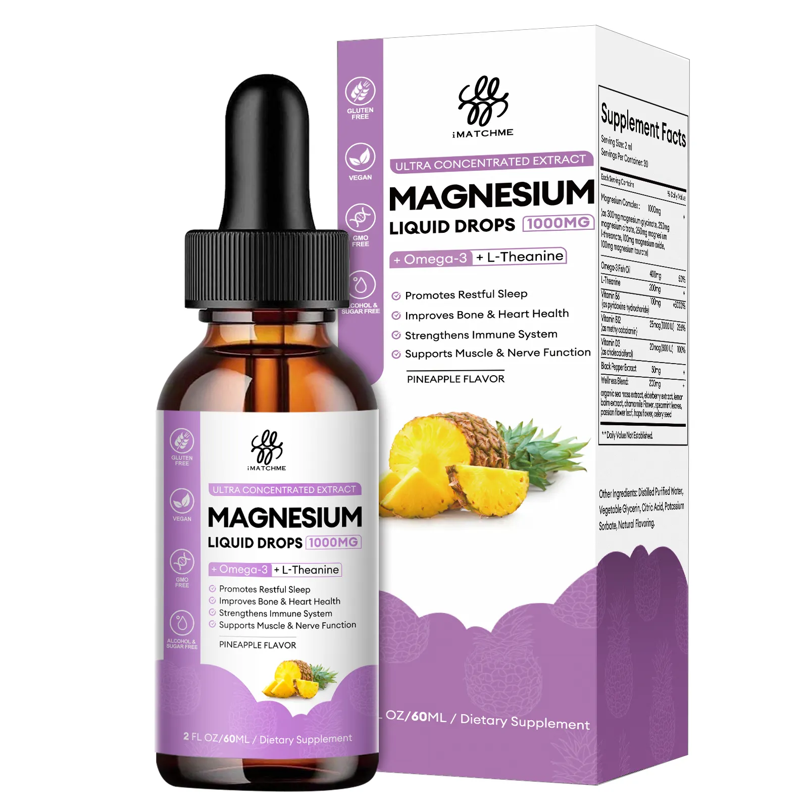 OEM 60 ml Omega 3 Multivitamin Magnesium Glycinat-Komplex Flüssigkeitstropfen-Supplement für Knochengesundheit