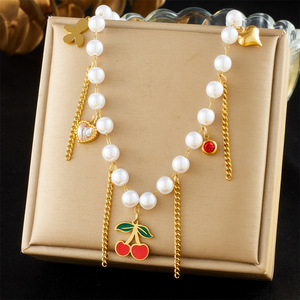 Korean Style Pearl Chain Necklace With Cherry Heart Butterfly Charms For Everyday Wear - Product Image 1