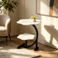 Table basse contemporaine en métal blanc crème avec plateau en métal, design sculpté à double couche creuse et support en boule solide Tenghang