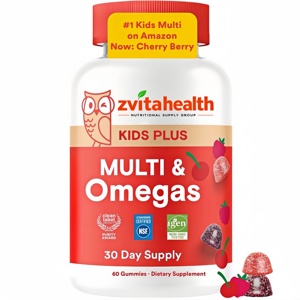 Gomitas Multivitamínicas para Niños de Marca Privada con Omega 3 DHA EPA Vitamina D3 C B12 B6 A K Zinc, Sin Gluten, Sabor Cereza y Bayas, 60 Unidades, Suministro para <span class=keywords><strong>30</strong></span> Días - Product Image 1