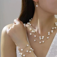 Ensemble de bijoux de mariée pour femmes, 3 pièces, collier, boucles d'oreilles et bracelet en perles de verre, blanc, multicouche, empilé, pour mariage et fête