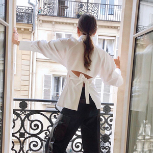 Chemisier Chic Blanc à Manches Longues et Dos Ouvert avec Ceinture et Boutons, Style Urbain et Professionnel pour Femme, avec Poche Poitrine - Product Image 3
