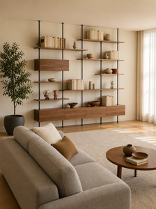 Scaffale Modulare Aperto Personalizzato All'Ingrosso, Mensole Flottanti in <span class=keywords><strong>Legno</strong></span> con Palo in <span class=keywords><strong>Metallo</strong></span> Nero <span class=keywords><strong>e</strong></span> Armadietto per Soggiorno, Camera da Letto, Ufficio - Product Image 5