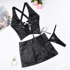 Nuevo cuero ahueca hacia fuera las minifaldas Conjuntos de lencería <span class=keywords><strong>Hot</strong></span> Strap Cross Hanging Neck Bra Set para niñas - Product Image 5