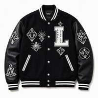 Blouson Bomber Gothique en Laine Fine pour Homme - Noir Brodé Croix Faith Fear Style Hiver Décontracté Réversible Service OEM