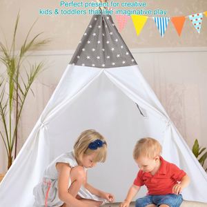 Tente tipi d'intérieur en toile de coton pour enfants avec lumières étoiles, bannière et sac de transport, motif étoiles - Product Image 1