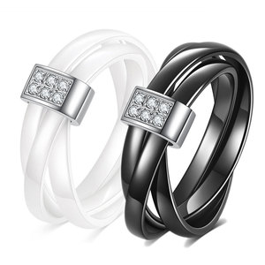 Black And White Ceramic Three <b>Ring</b> Cross Stainless Steel Diamond Set <b>Couple</b> <b>Rings</b> Women's Everyday Wear - Product Image 1