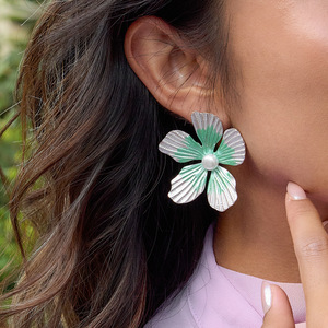 Flower <b>Stud</b> <b>Earrings</b> <b>Blue</b> Pearl Inlay Stainless Steel Everyday Wear - Product Image 4