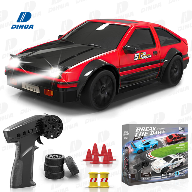 2.4GHz 4WD RC Drift Car 1:24 Scale with Interchangeable Tires & LED Lights 2 Speed Modes Remote Control Car for Pro-Level Racing