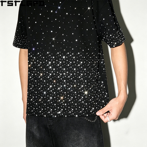 เสื้อยืดโอเวอร์ไซส์ทรงใหญ่ หนัก น้ำหนักมาก สำหรับผู้ชาย สีดำ ประดับเพชรหลากสีไล่เฉดสี คอกลม ขายส่ง - Product Image 5
