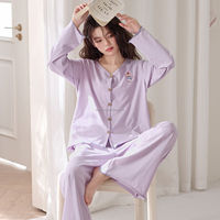 Ensemble de pyjama en tricot gaufré pour femmes, boutons en forme de cœur, manches longues, vêtements de nuit en coton, décontracté, ample, printemps et automne, nouvelle tenue de nuit