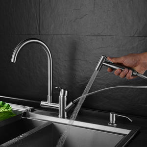 304 Stainless Steel Single-hole Cold and Hot Brushed Nickel-colored Kitchen Pull-out Rotating <b>Spray</b> Gun Faucet - Product Image 2