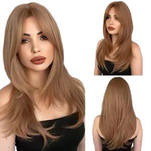 Long straight natural fiber front synthetic wigs heat resistant fiber Brown Black Color synthetic wig