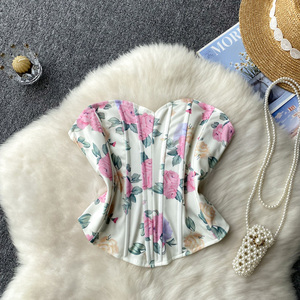 Chaleco sin Tirantes con Cuello Plano Estilo Francés para <span class=keywords><strong>Mujer</strong></span>, Nuevo Diseño de Verano con Top Corto Estampado - Product Image 1