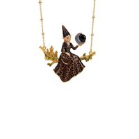 Collier Pendentif Vintage Doré Thème Conte de Fées, Breloque Chat Léopard, Fille Musicienne, Fleur Émaillée, Perle et Pompon, Bijou