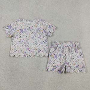 GSSO3267 RTS Ensemble court à manches courtes pour petite fille, imprimé fleurs violettes, style festonné, vente en gros pour enfants - Product Image 2