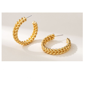 2025 New Release 18K <b>Gold</b> <b>Plated</b> Brass Metal Minimalist Geometric Textured Braid C <b>Hoop</b> Stud <b>Earrings</b> Classic Style - Product Image 5