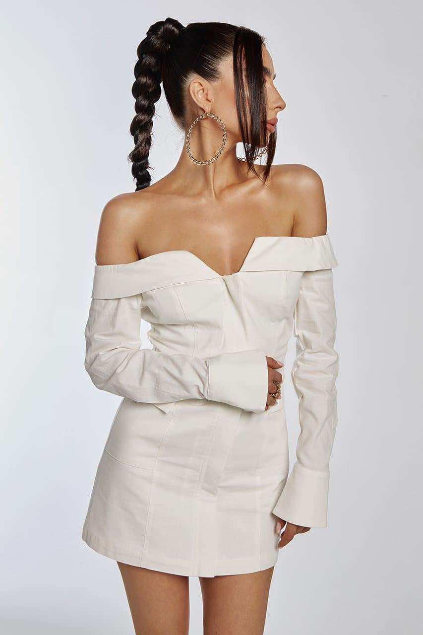 Shop Our White Long Sleeve off Shoulder Dress - Mini Smocked Shop Our White Long Sleeve off Shoulder Dress - Mini Smocked