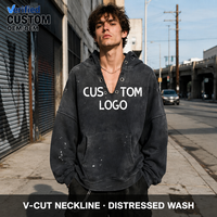 Sudadera con Capucha Oversize para Hombre, Estilo Grunge, Negra, de 430GSM, con Gráfico Estampado Desgastado, Corte en V, para un Look Urbano