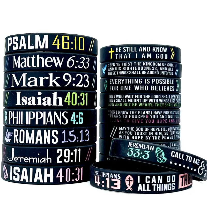 Pulsera de silicona elástica cristiana adecuada tanto para hombres como para mujeres Pulsera de silicona con escritura bíblica se puede personalizar
