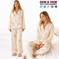 Produsen Kain Lyocell, Piyama Satin untuk Wanita, Set Piyama Cantik Bermotif, Lengan Panjang, 2 Potong, Pakaian Tidur Wanita, Piyama Sutra Mewah