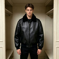 Blouson aviateur en cuir noir pour homme, sur mesure OEM, col en peau de mouton, boutons vintage, style rétro classique, vêtement de travail en cuir.