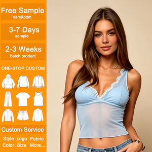 Girls Mesh <strong>Cami</strong> <strong>Tops</strong> Wholesale OEM Custom <strong>Lace</strong> <strong>Trim</strong> Sheer V Neck Spaghetti Strap Casual Crop Tank <strong>Tops</strong> - Product Image 1