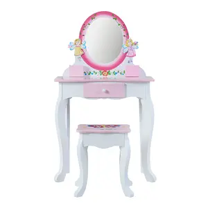 나무 화장대 메이크업 테이블과 의자 세트 저렴한 드레싱 거울 키즈 드레싱 거울 소녀