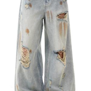 Custom Low MOQ Distressed Dirty Washed <b>Ripped</b> Baggy Straight-leg Breathable <b>Jeans</b> for <b>Men</b> Loose Denim Pants Spring Summer Autumn - Product Image 1