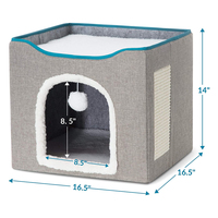 Grande boîte de rangement pliable boîte de rangement pour chat lit de grotte pour maison intérieure pour animaux de compagnie avec boule en peluche suspendue et coussin à gratter