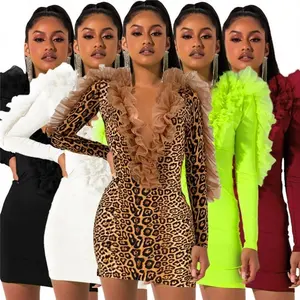 Womens fashion sexy ruffles fluorescent neon long sleeve bodycon fall dresses for ladies party dresses 2021