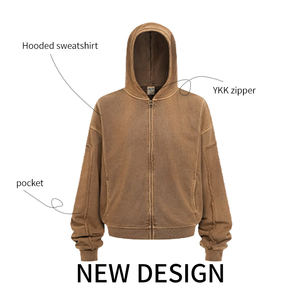 Sweat à capuche zippé en coton épais délavé sur mesure, haute qualité, style vintage, streetwear oversize unisexe, délavé à l'acide, pour homme, hiver - Product Image 2