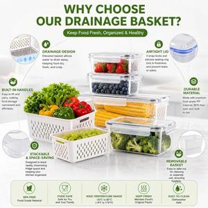 Custom Food Storage <b>Container</b> with Drain Basket and Airtight Lid for <b>Refrigerator</b> Fruit & Vegetable Organizer - Product Image 4