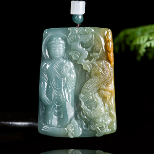 Pendentif Amitabha Bouddha en Jade de Qualité Naturelle A, Plaqué Or et Argent, Style Hiphop, Faux Jade Bleu Eau Jaune Dragon Divin, Haut de Gamme - Product Image 1