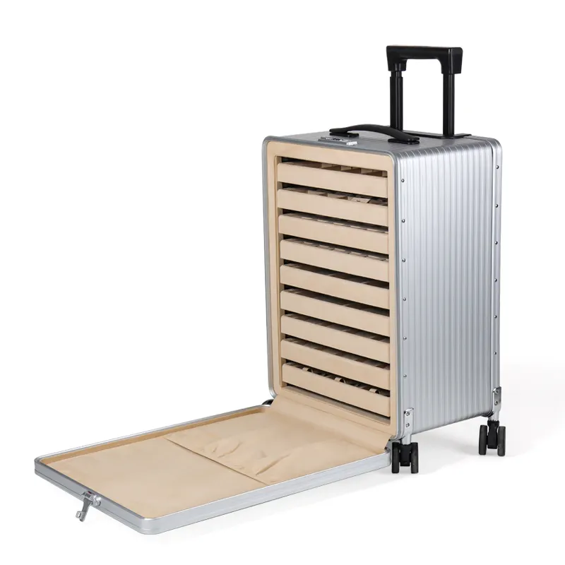 Hoge Kwaliteit Aluminium Trolley Bagage Sieraden Case Met Trays Met Custom Sieraden Verpakking Display Trays