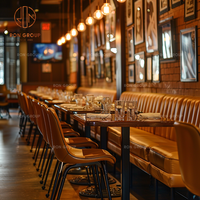 Meubles commerciaux sur mesure Ron Group, table carrée en bois, chaise rembourrée en cuir, banquette en forme de L capitonnée pour restaurant