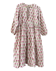 Vestido Maxi Bohemio con Estampado Floral, Manga Larga, Cuello con Lazos, Corte Holgado, Tejido de Algodón, Casual, para Primavera - Product Image 1