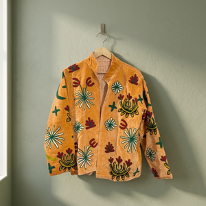 Yellow Mandarin Collar Blazer With Hand Embroidered Floral Pattern Full Sleeve Woven <b>Women</b> <b>Jacket</b> <b>Spring</b> Style - Product Image 3