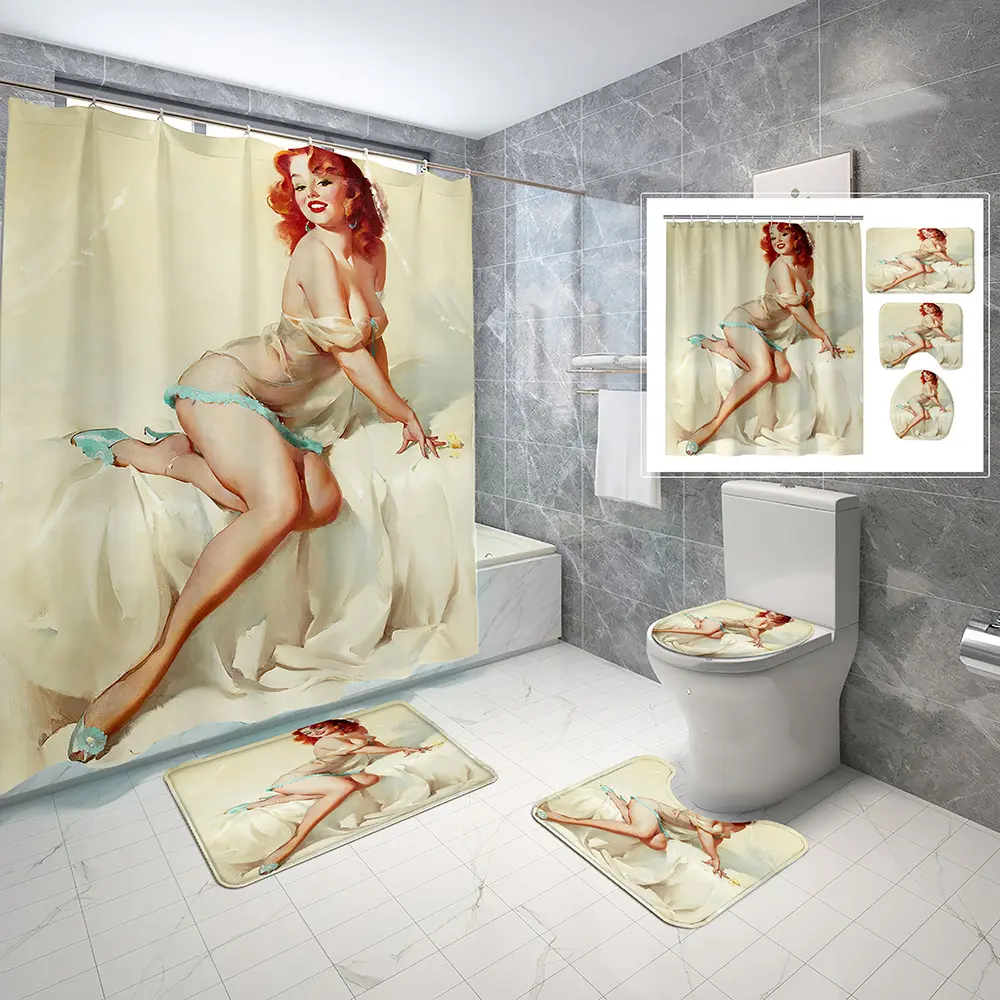 Bindi Sexy Naked Woman Shower Curtain Waterproof 3pcs Digital Printing Toilet Mat Set Bathroom Curtain With Hooks