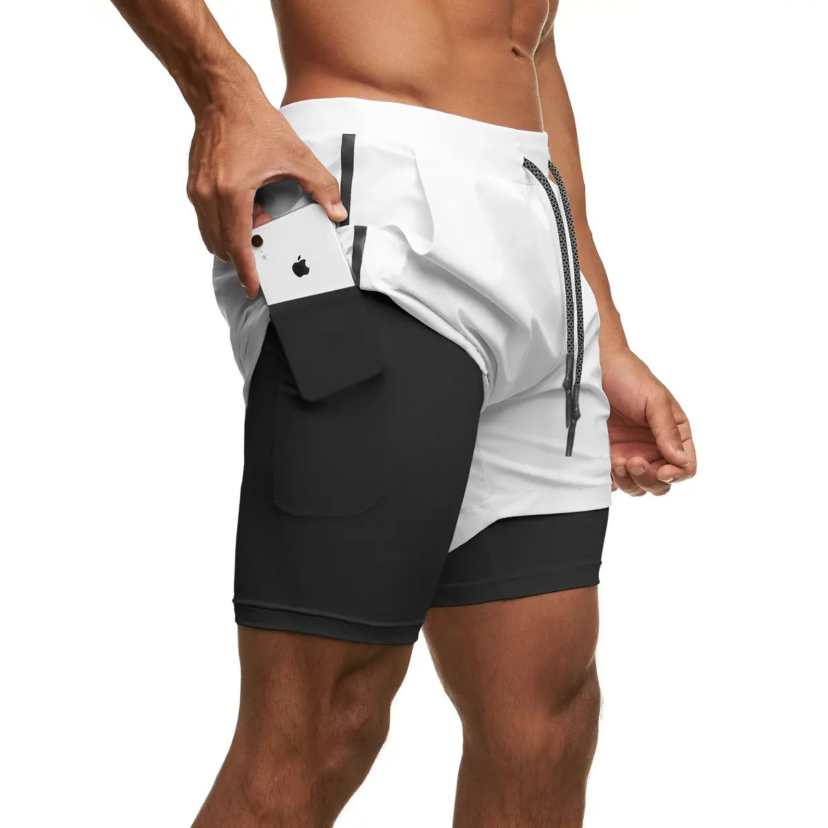 Men's Inside Pocket Laced Up Breathable Double Layer Shorts Gym Fitness Sports Shorts