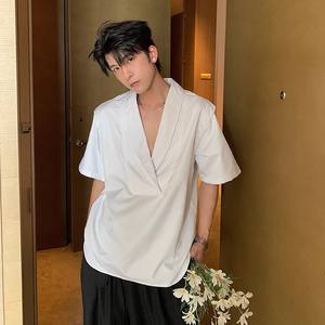 Chemise d'été décontractée pour homme en popeline infroissable, col carré long, style coréen vintage, mélange de coton, couleur unie, manches courtes - Product Image 1