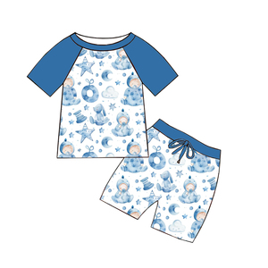 Conjunto de camiseta de manga corta raglán y pantalones cortos con estampado de seda de leche para bebés varones - Product Image 1