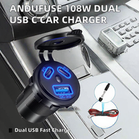 Andufuse 108W Dual PD 45W QC3.0 2 Port USB C 12-24V Soket Pengisi Daya Mobil Tahan Air dengan Voltmeter pada Saklar Kapal RV Truk