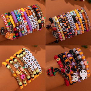 Halloween Acrylic Beaded <b>Bracelet</b> Set With Ghost Spider Pumpkin Skull Charms For Party Unisex Jewelry - Product Image 3