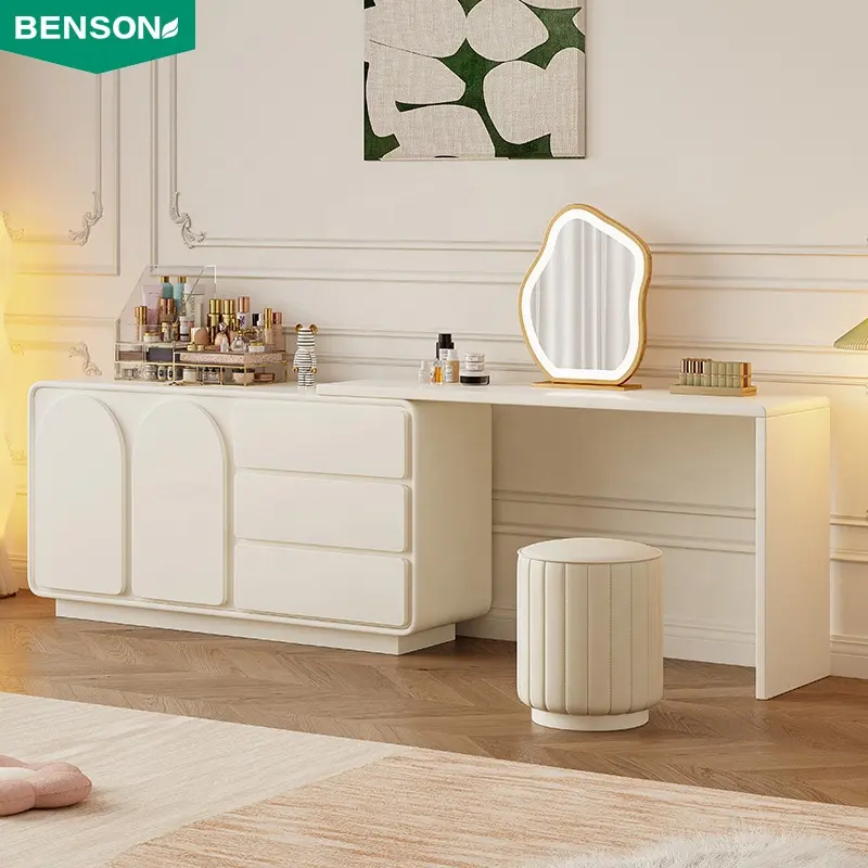 Bedroom furniture modern latest wooden nordic beautiful designs white makeup vanity dressing table with led mirror and drawers